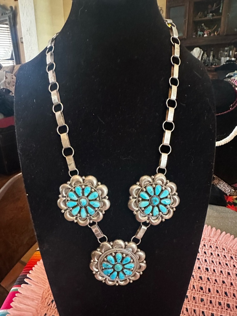 Amazing Vintage Native American Sterling & Turquoise Cluster Necklace